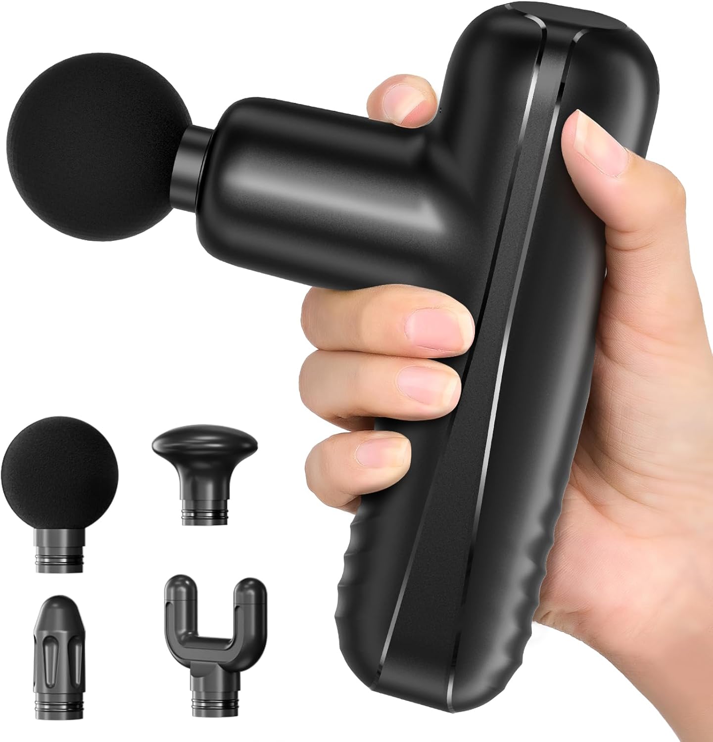 PENJOY Mini Massage Gun, Powerful Handheld Muscle Massager for Muscle Relaxation, Deep Tissue Percussion Small Massage Gun Travel Massager with 4 Massage Heads Silent Brushless Motor, Black